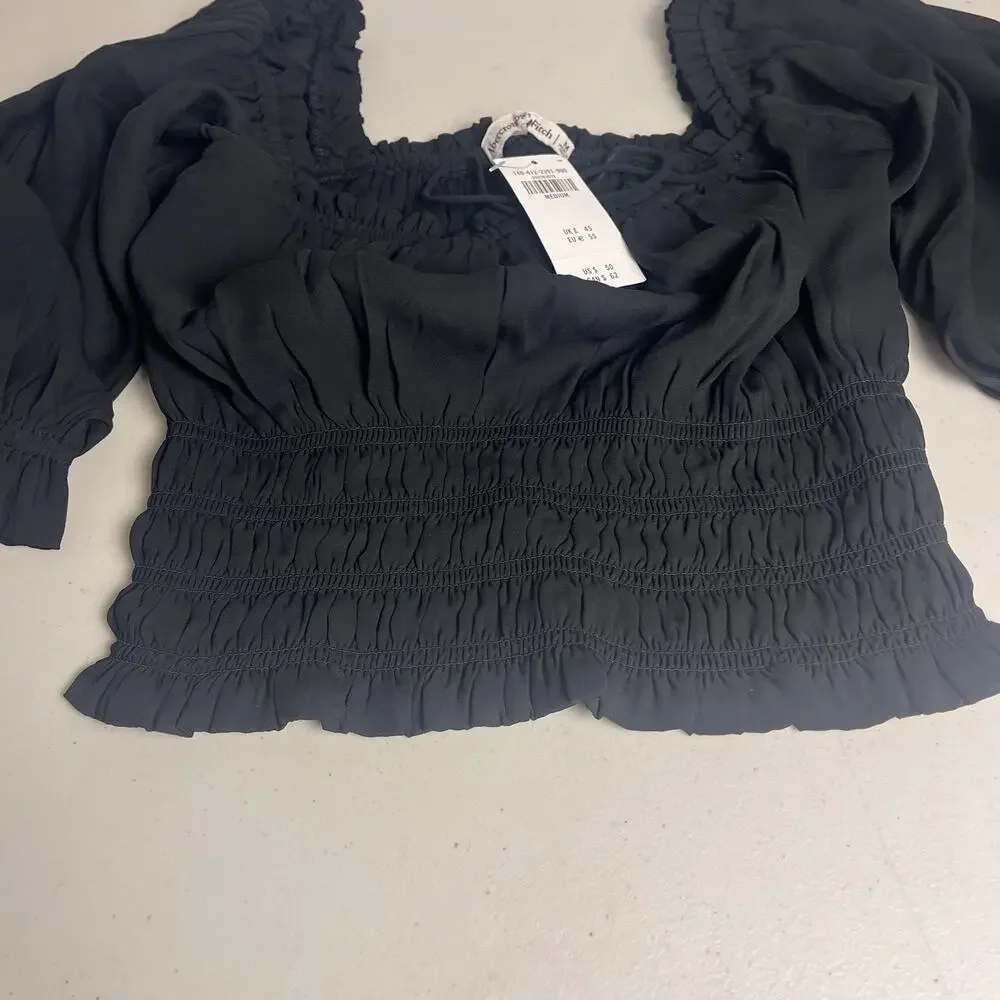 Abercrombie & Fitch Womens Medium Smocked Peasant Top Puff Sleeve Black Y2K Boho